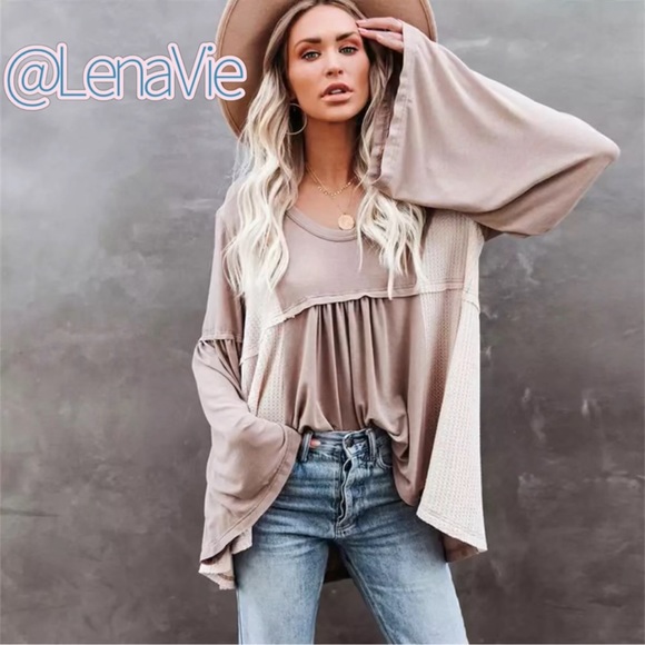 Cotton Two Tone Boho Top W/Bell Sleeves, Light Flowy Tunic - Picture 5 of 5